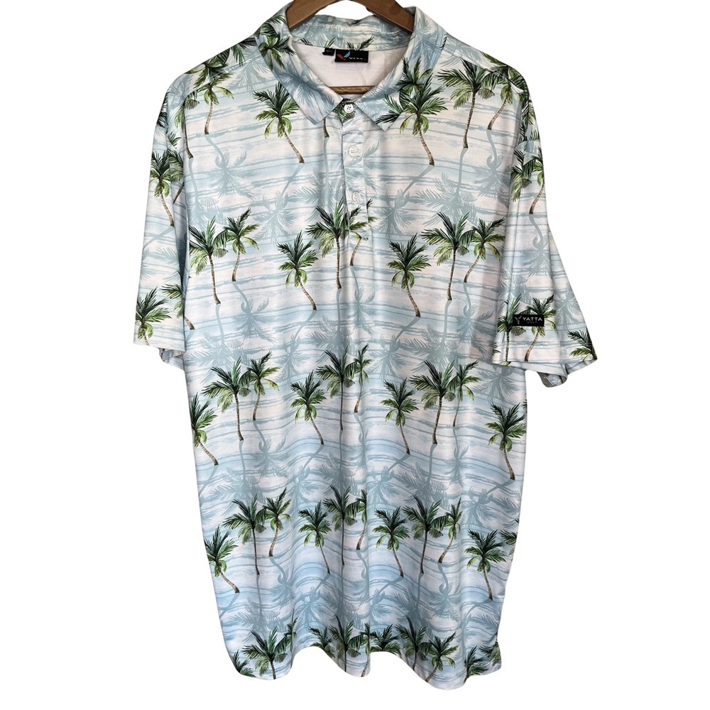 Yatta Golf XXL Light Blue Palm-Print Hawaiian Short Sleeve Polo